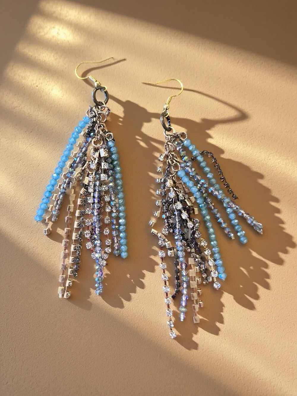 Blue Multi-Chain Tassel Drop Earrings - Crystal and Sparkling Rhinestones